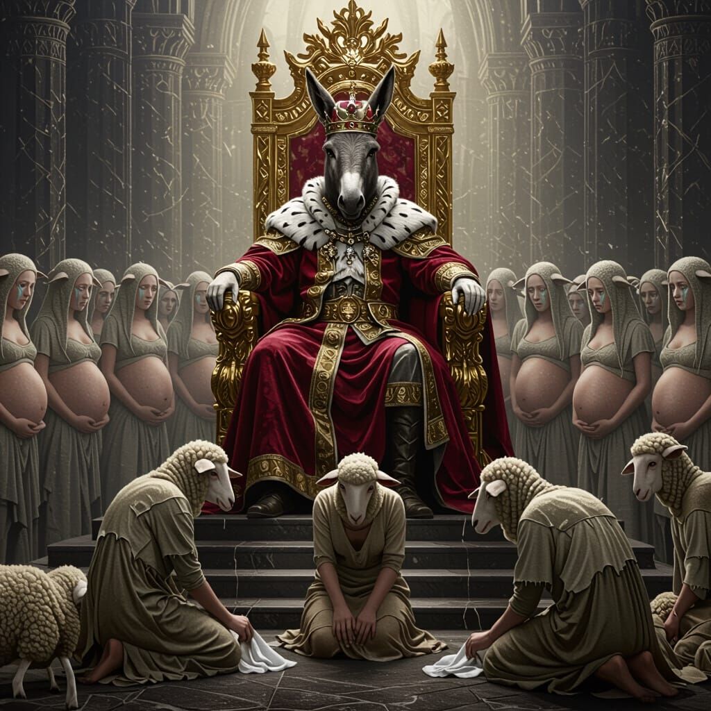 Surreal Allegory of Power and Innocence in Dark Throne Room