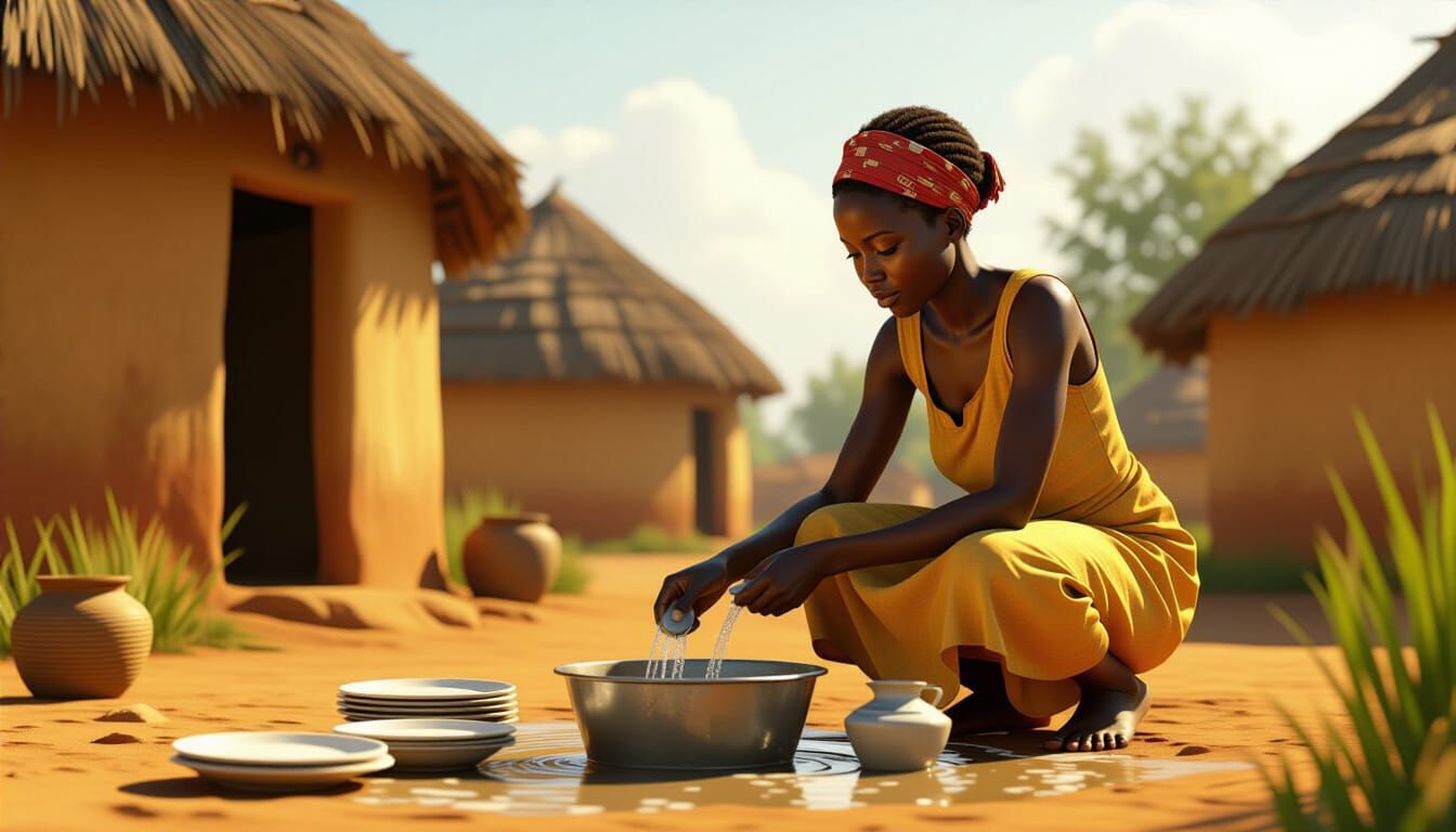 African Teen Washes Plates Outside Hut in Animated Style