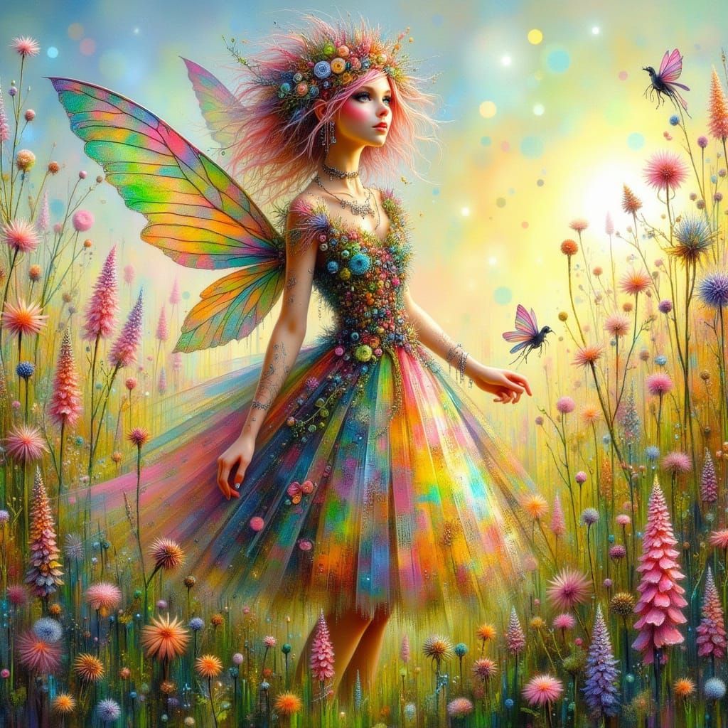 Woman in Patchwork Dress in Sunlit Meadow