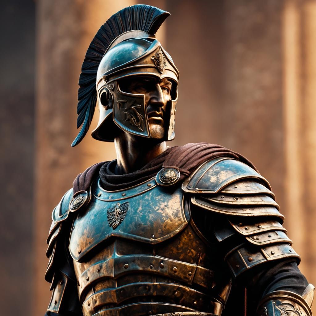 Bronze Roman Soldier Statue in Polychromatic Oil Painting