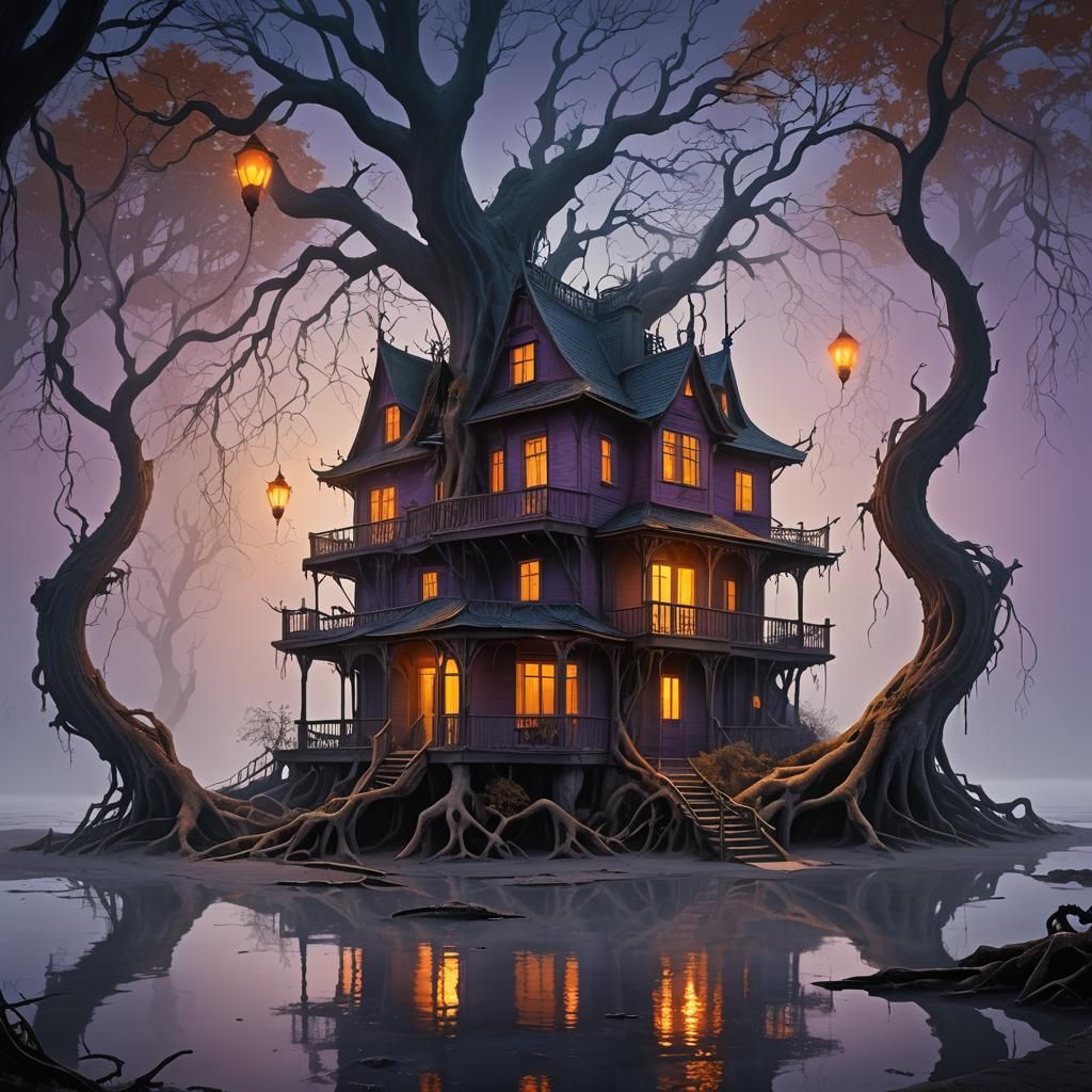 Haunted Beach House at Underground Lake, Art Nouveau Style