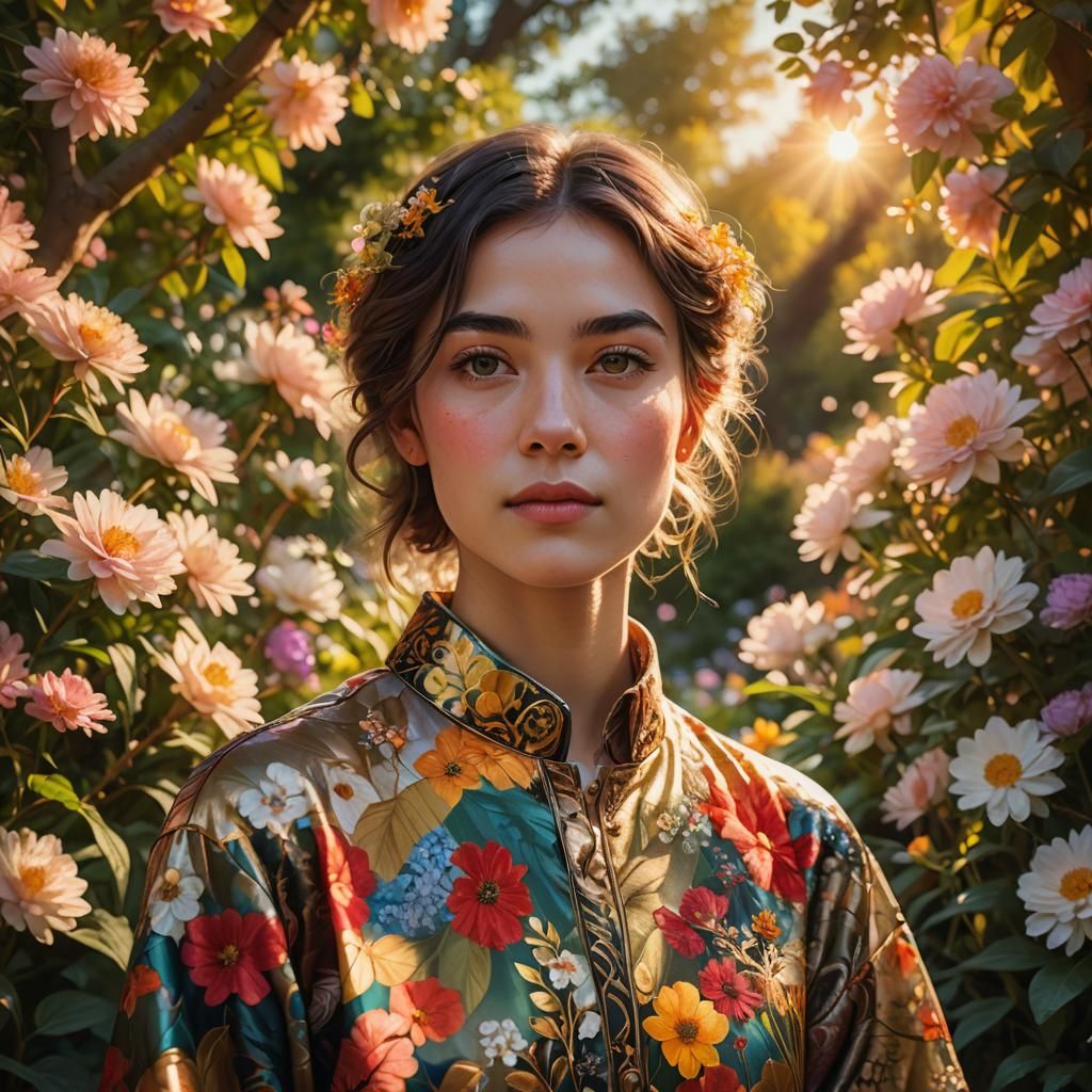 Serene Portrait in Vibrant Garden: Digital Art