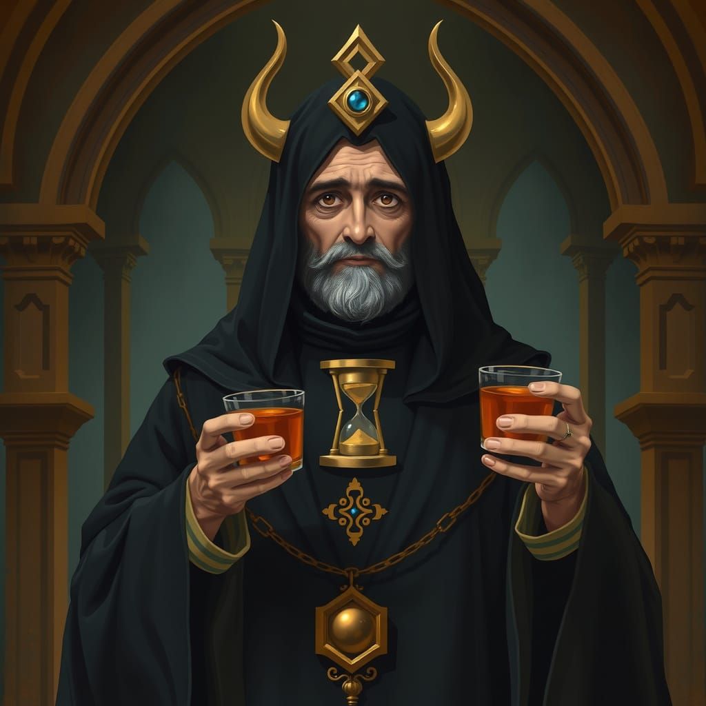 image of a male priest of Death holding two cups of tea, wit...