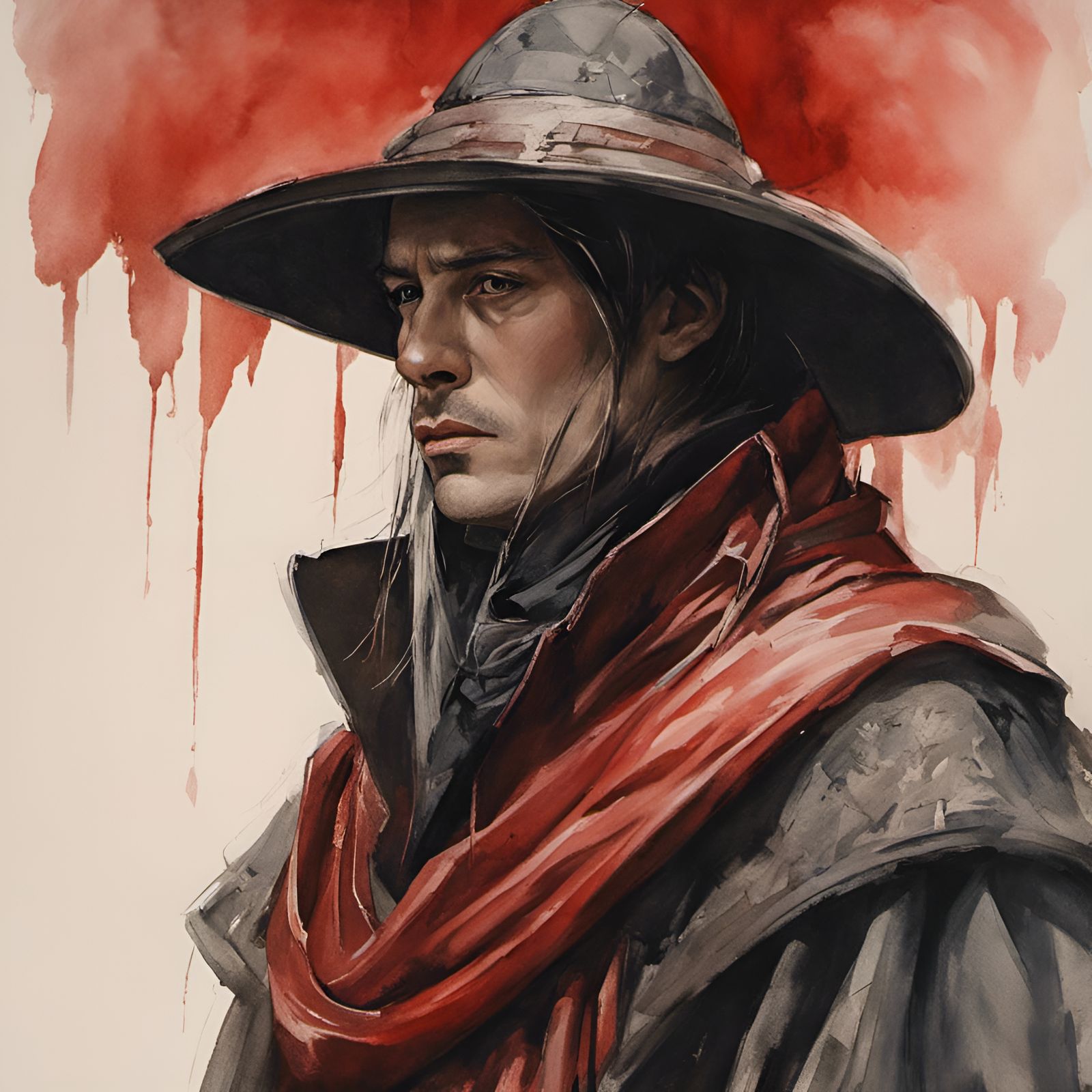 Crippled Man in Red Cloak: Ghibli-Style Watercolor