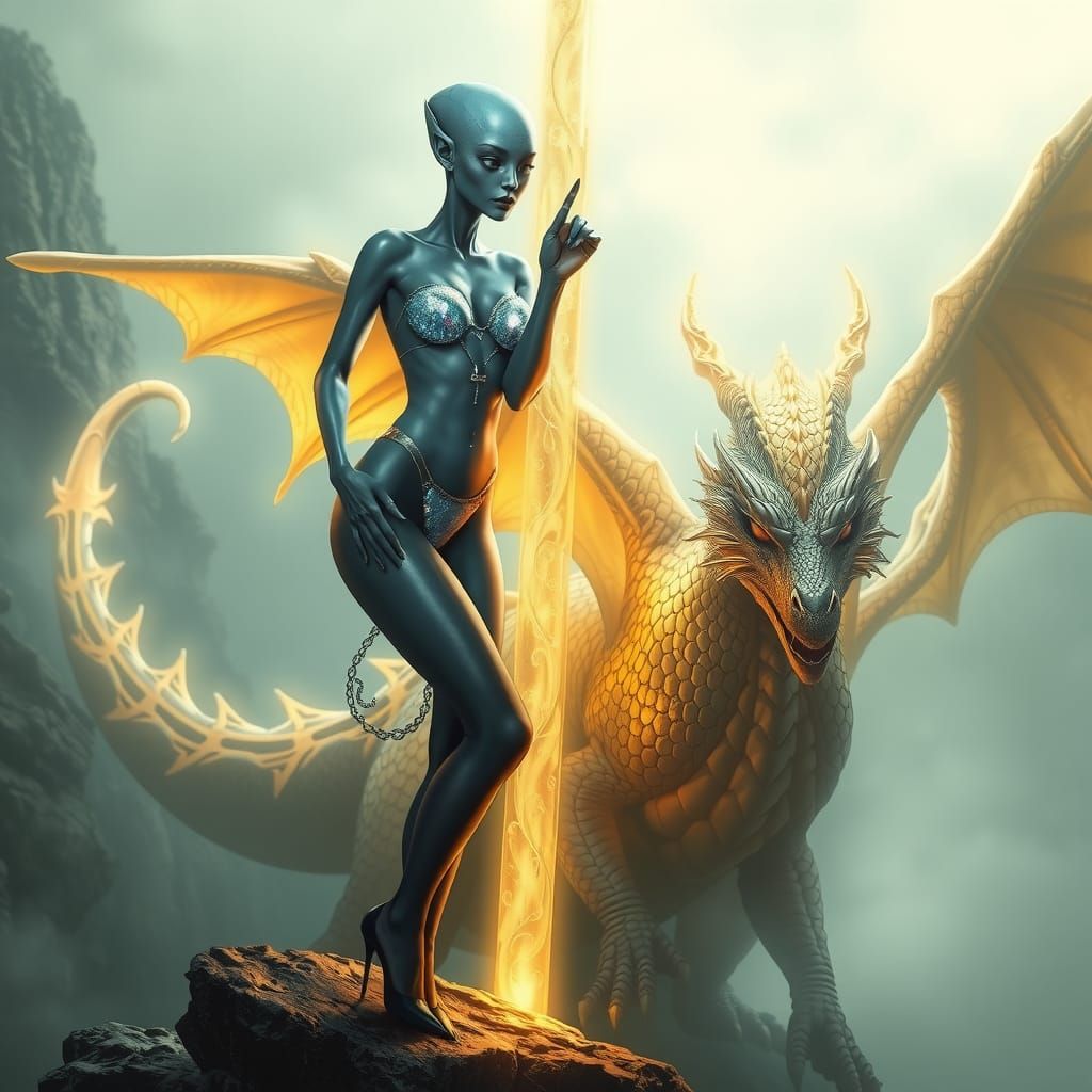 Ethereal Alien Woman with Dragon in Dreamy Landscape