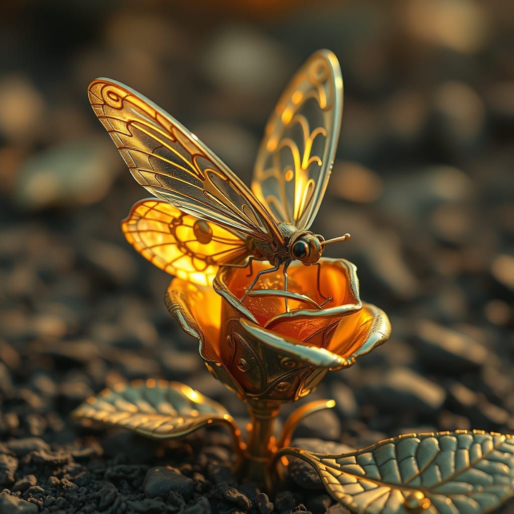 Mechanical Glass Butterfly on Golden Rose, Intricate Details