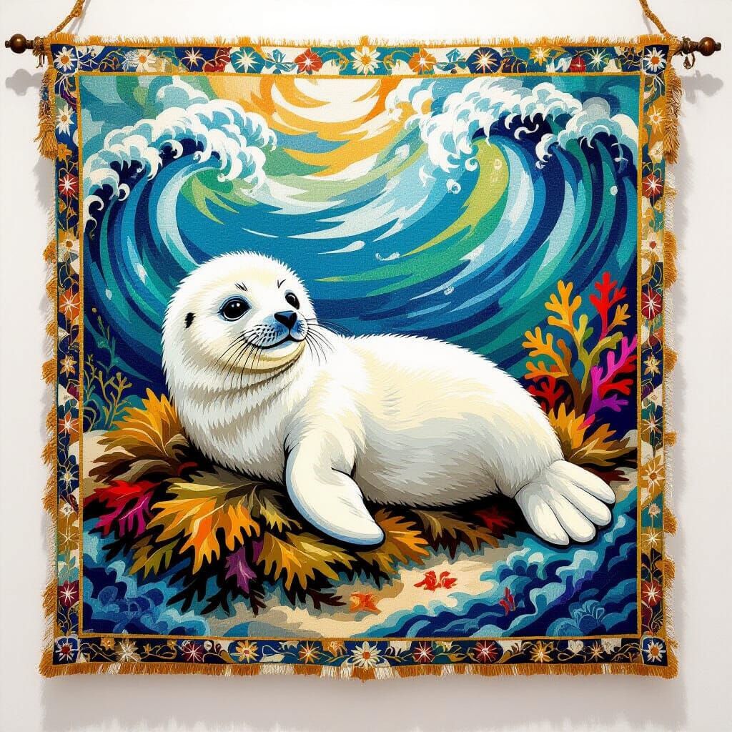 Medieval Tapestry: Baby Seal on Seaweed