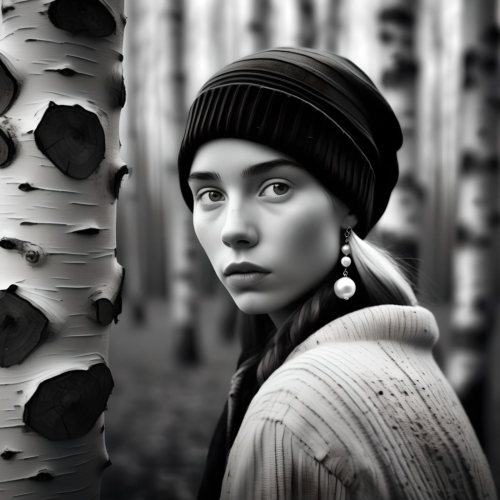 Bohemian Girl Portrait in Birch Forest, Black and White