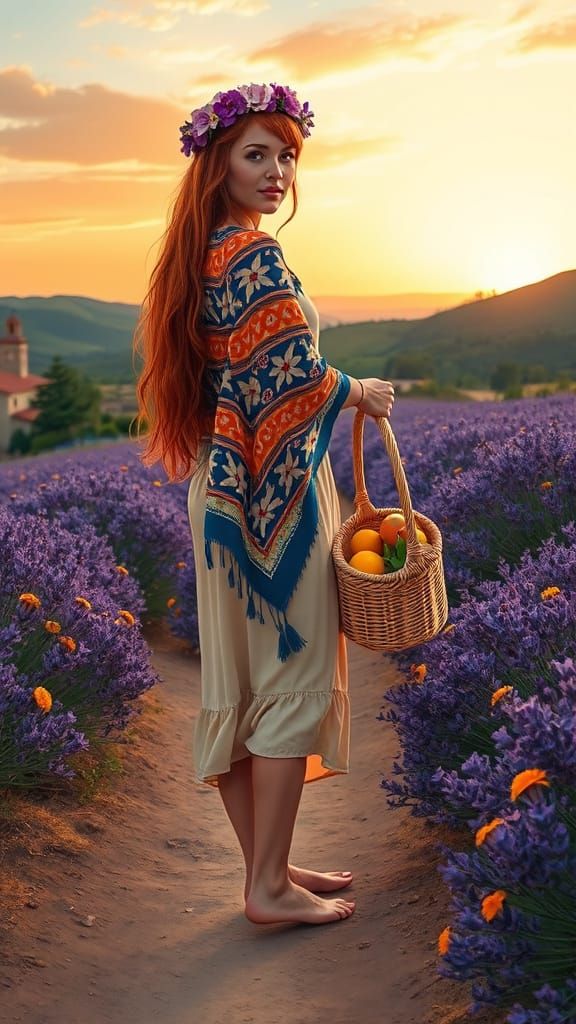 Woman with Basket on Lavender Path, Digital Painting
