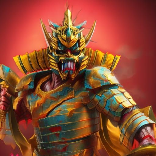 Golden Samurai Suit and Oni Mask: Hyperrealistic Art