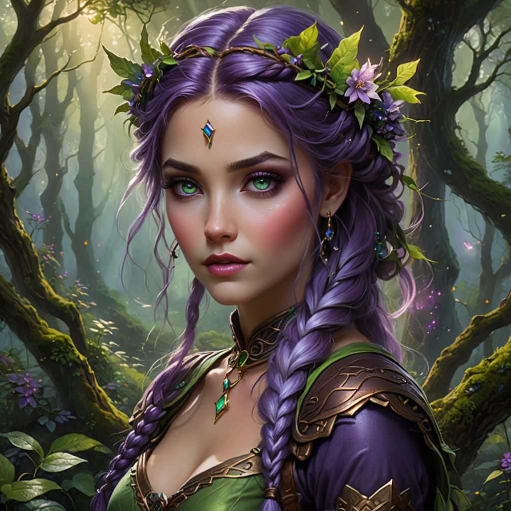 Enchanted Fairy Druid with Braided Purple Hair