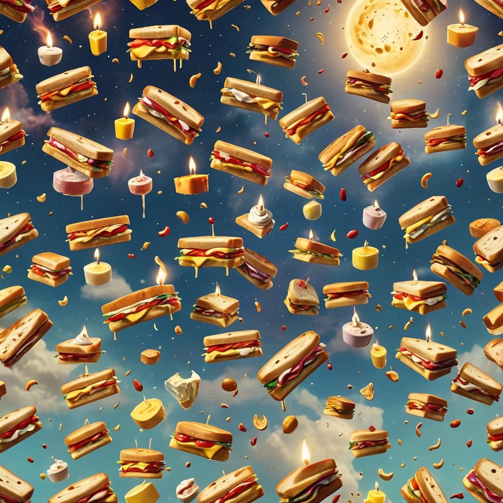 Dreamlike Landscape with Floating Sandwiches: Fantastical Co...