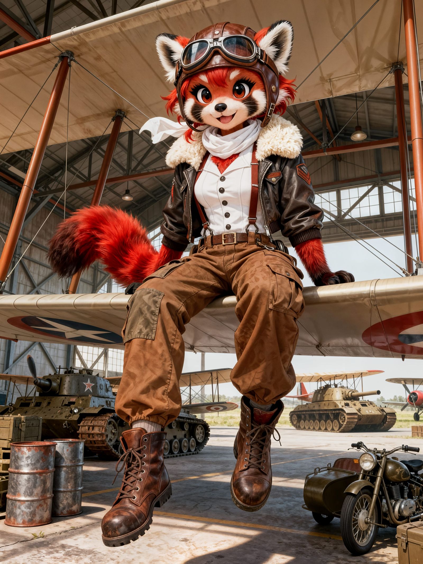 Red Panda WWI Pilot on Biplane in Cartoon Furry Style