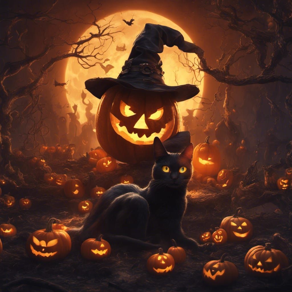 Halloween Night: Jack-o'-Lantern, Witch and Cat
