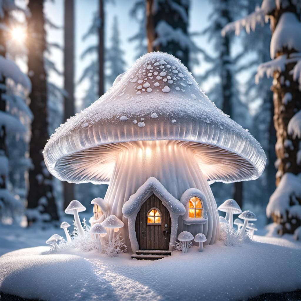 Ice Sculpture Fairy Mushroom House in Snow