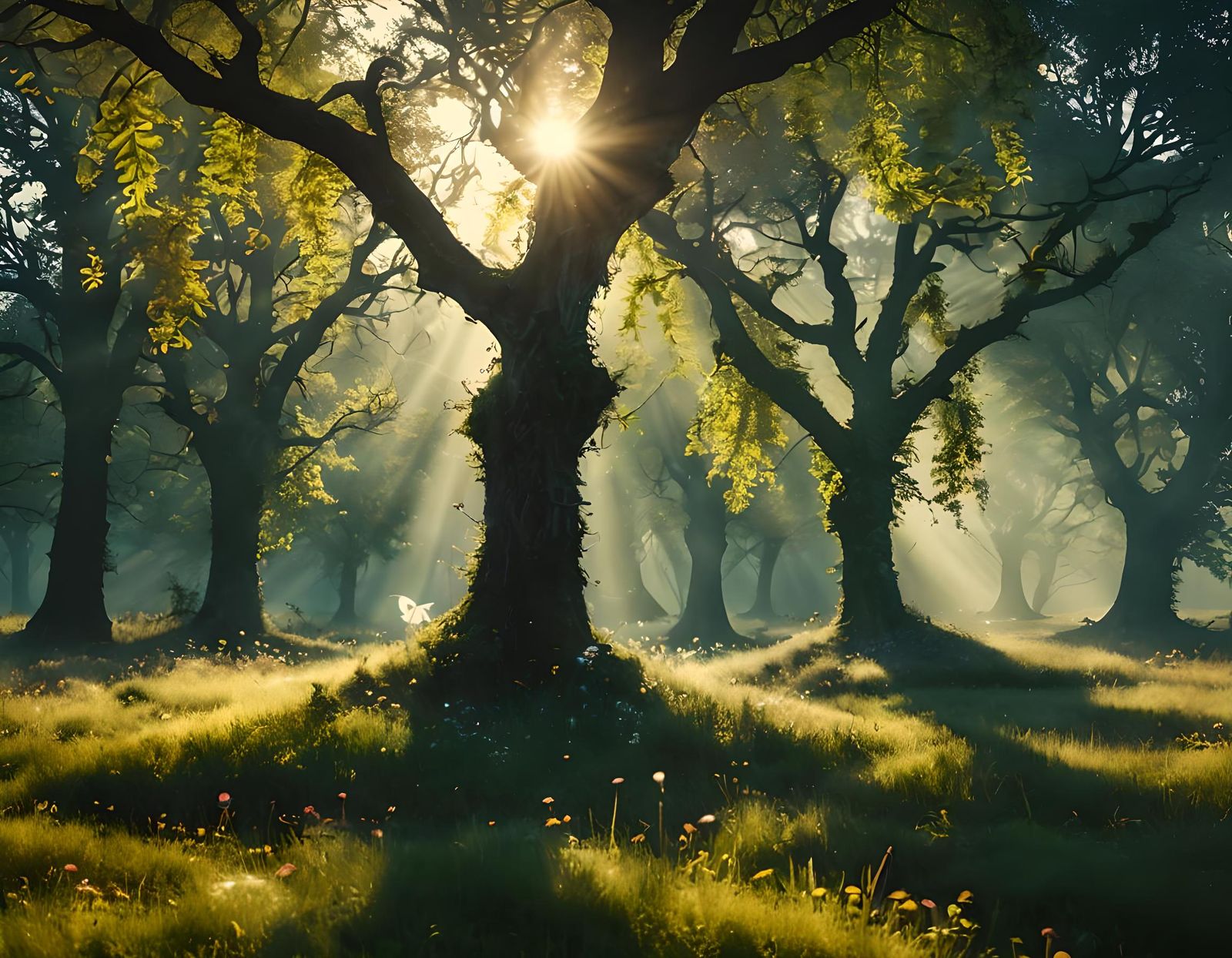 Whimsical Sunlit Paradise with Fairies and Tree Spirits in C...