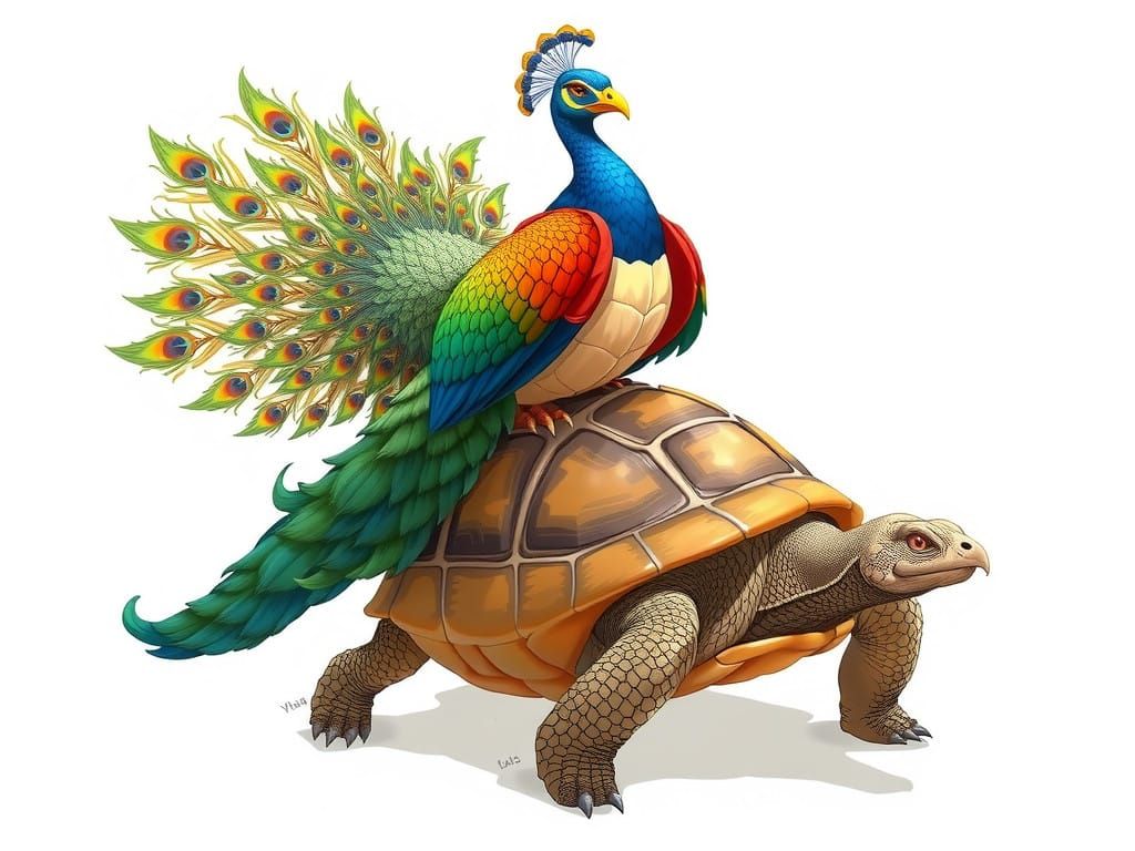 A peacock riding on Two Tortoises by artist "anime", Anime Key Visual, Japanese Manga, Pixiv, Zerochan, Anime art, Fanti...