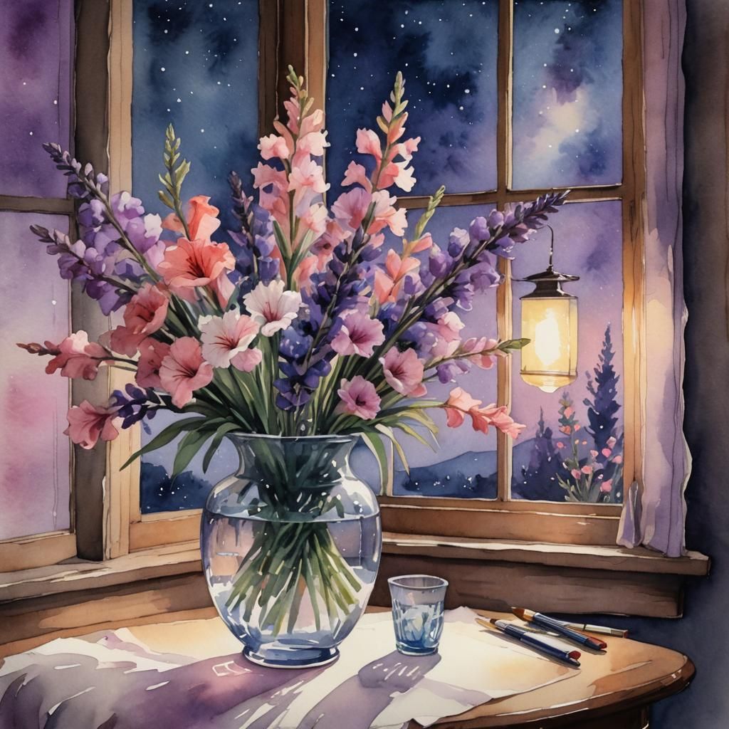Floral Still Life in Watercolor with Starry Night