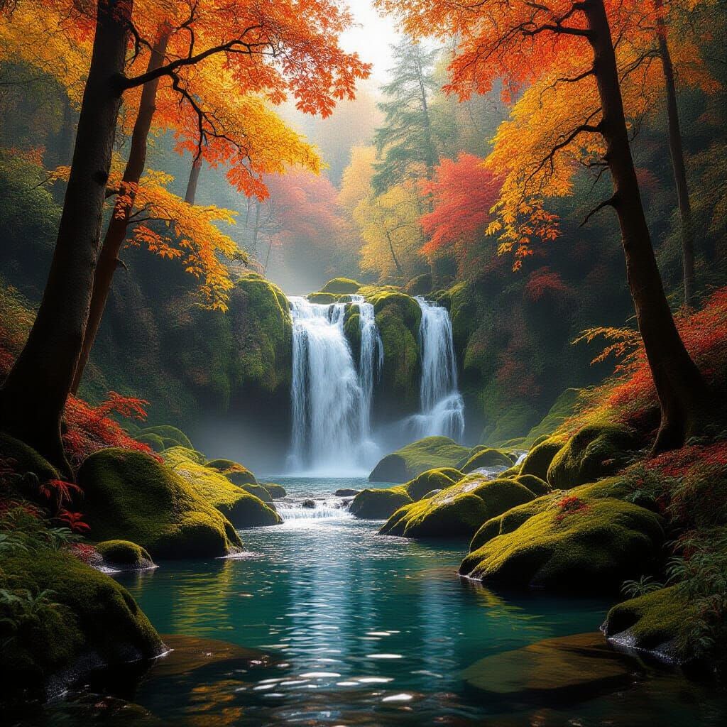 Majestic Autumn Waterfall in Dense Forest