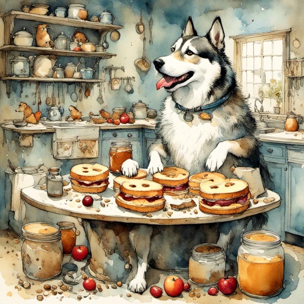 Husky Enjoys Sandwich in Watercolor Kitchen