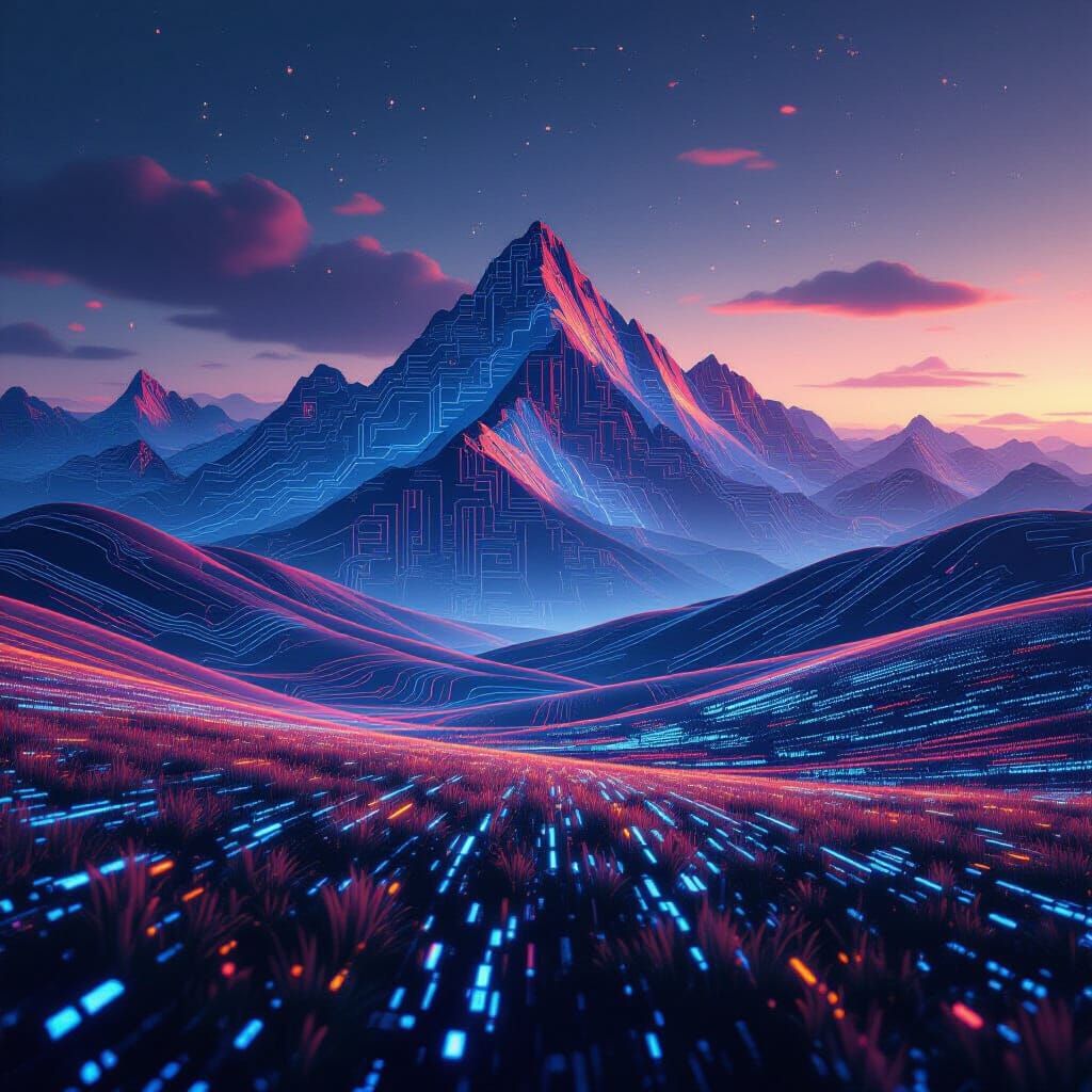 Digital Code Landscape: Mountains, Fields, and Glitchcore Ar...