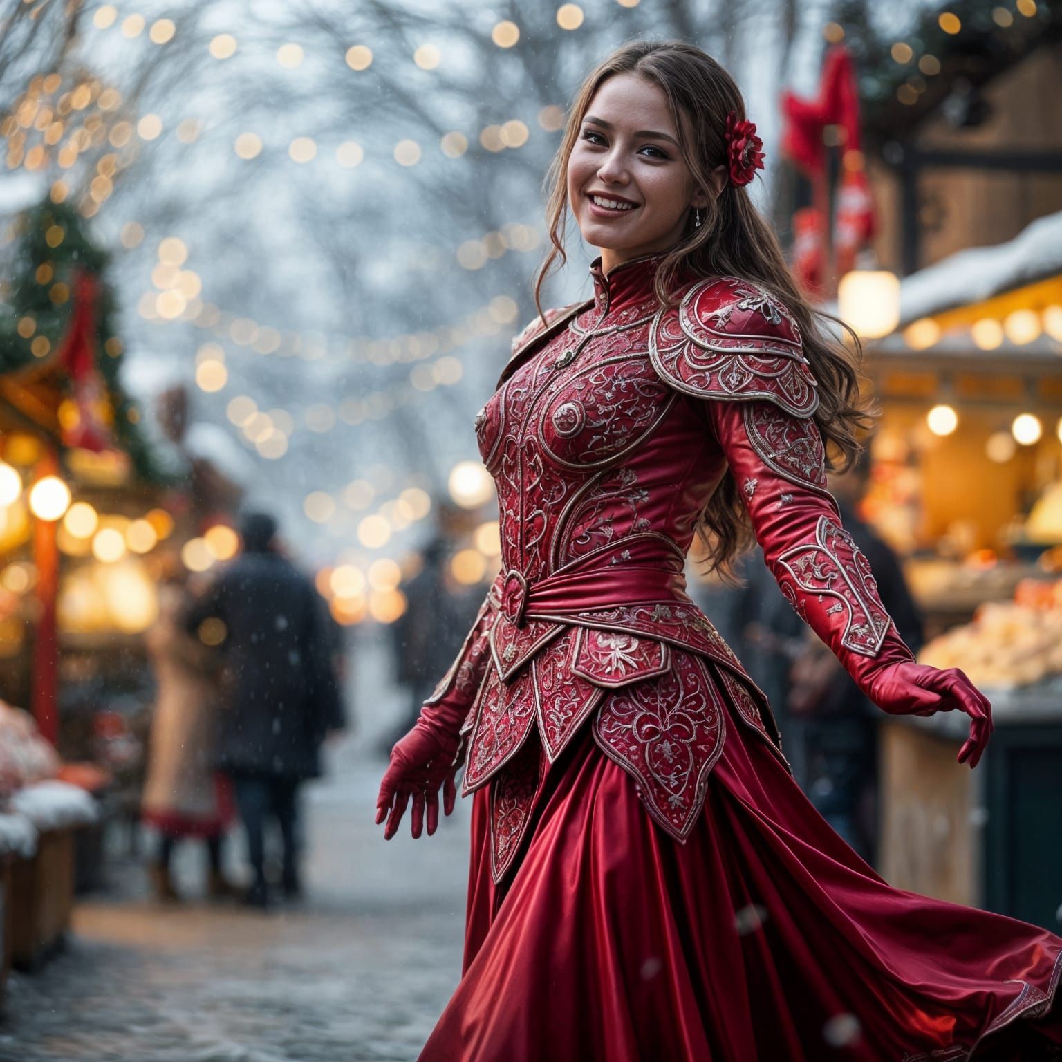 Woman in Red Christmas Armor Dress Dancing in Snowy Market