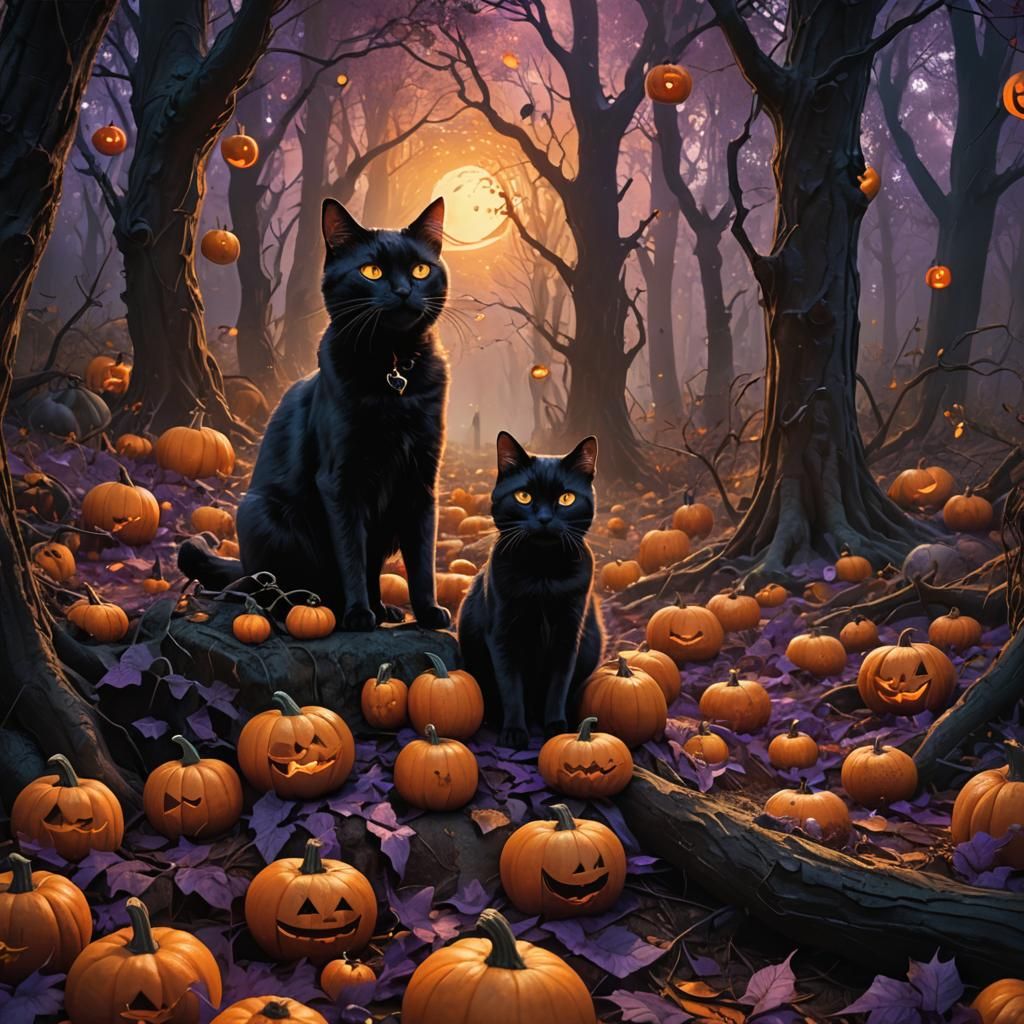 Black Cat in a Spooky Pumpkin Forest