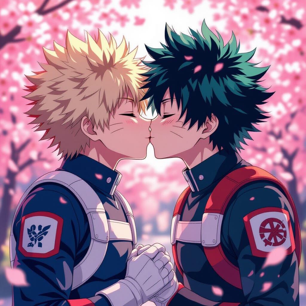 MHA Trio in Romantic Cherry Blossom Kiss, Anime Style