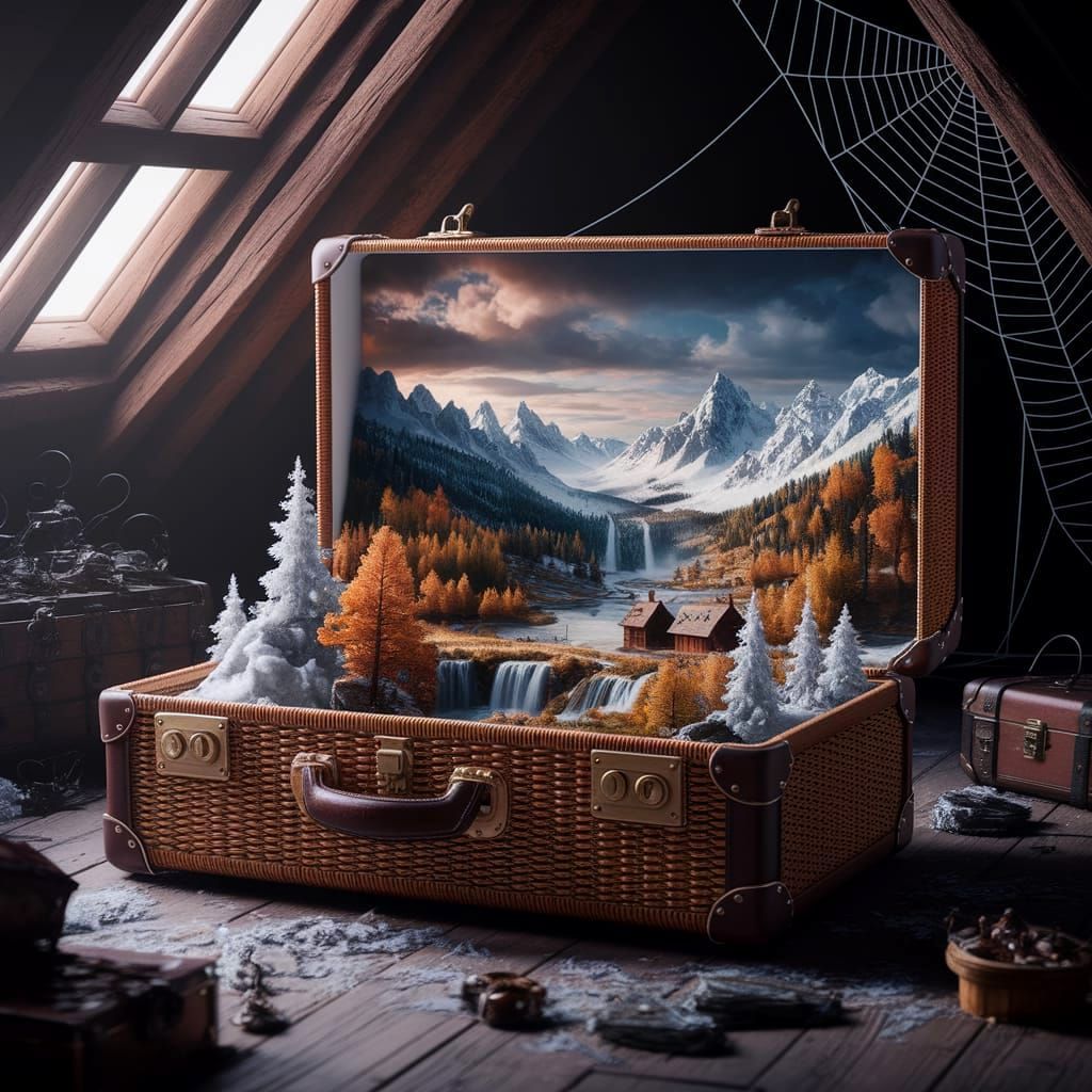 Tiny Landscape Inside Suitcase in Dusty Attic