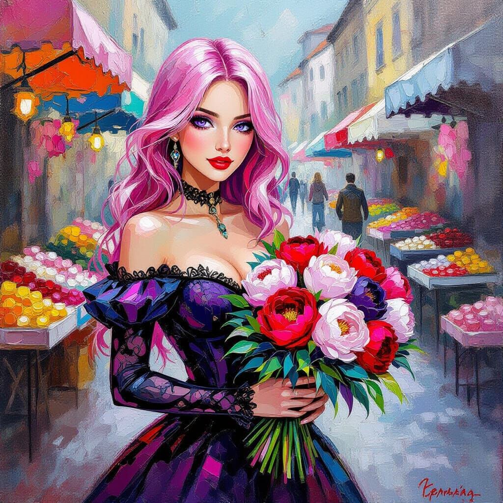 Gothic Woman in Peony Festival, Neo-Impressionist Style