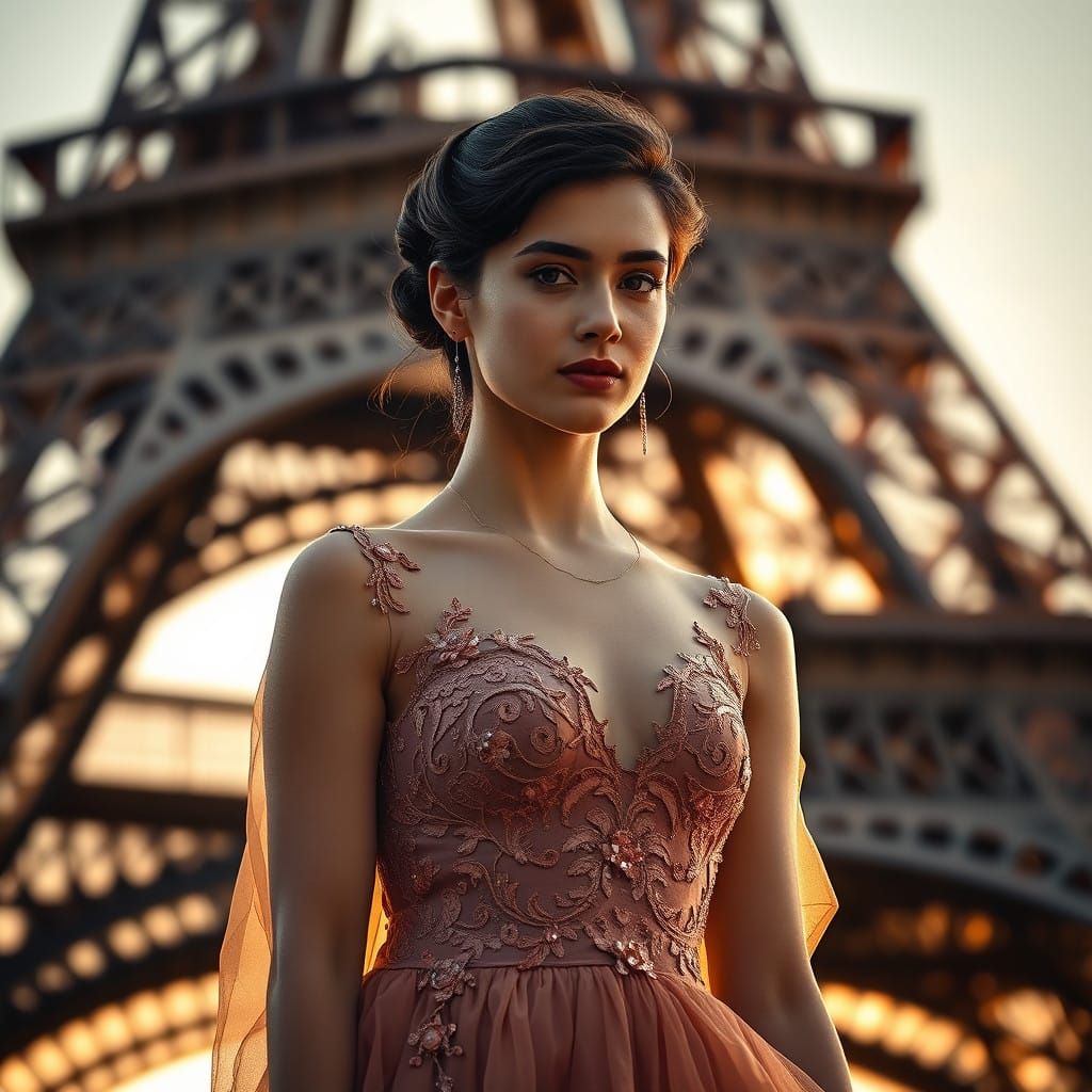Elegant Woman in Evening Gown Standing in Front of Iconic Ei...
