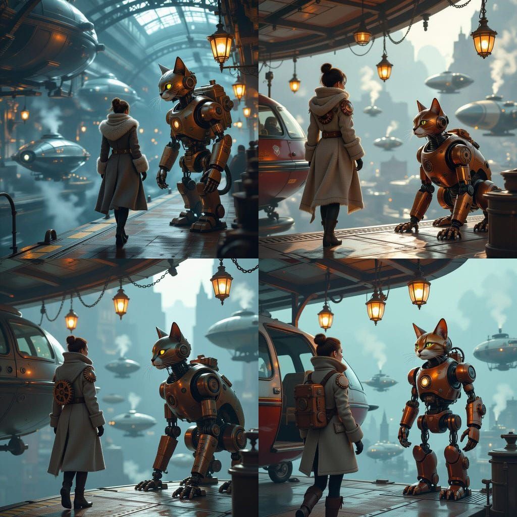 Sci-Fi Heroine Meets Feline Robot on Boarding Platform