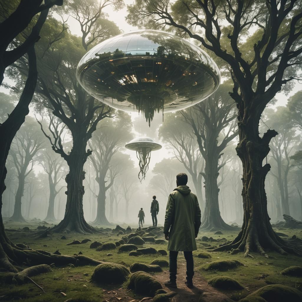 Double exposure. An advanced aiien levitating, The surroundings are like The Martian Chronicles, a bone-white hall surro...