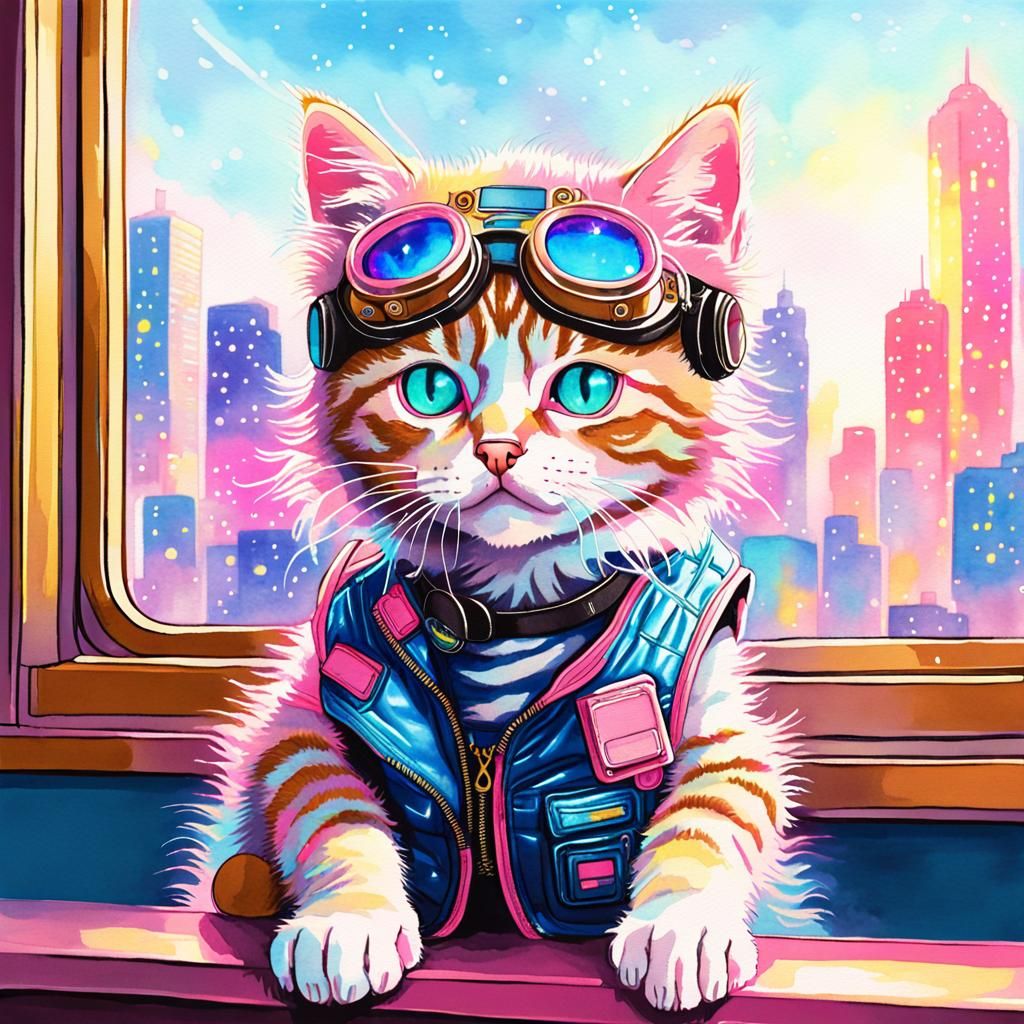 Cute Kitten Cyborg in UFO: Watercolor Cyberpunk Art