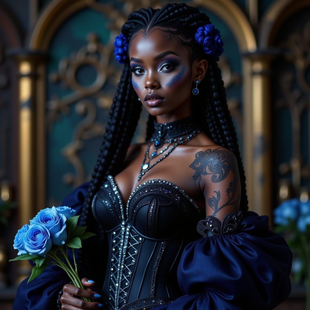 Gothic Princess with Sapphire Corset and Roses