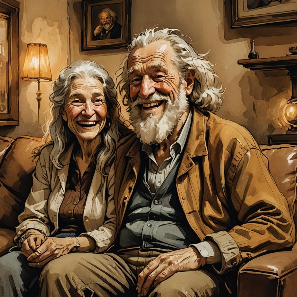 Cozy Rembrandt-Style Caricature of a Couple Watching TV