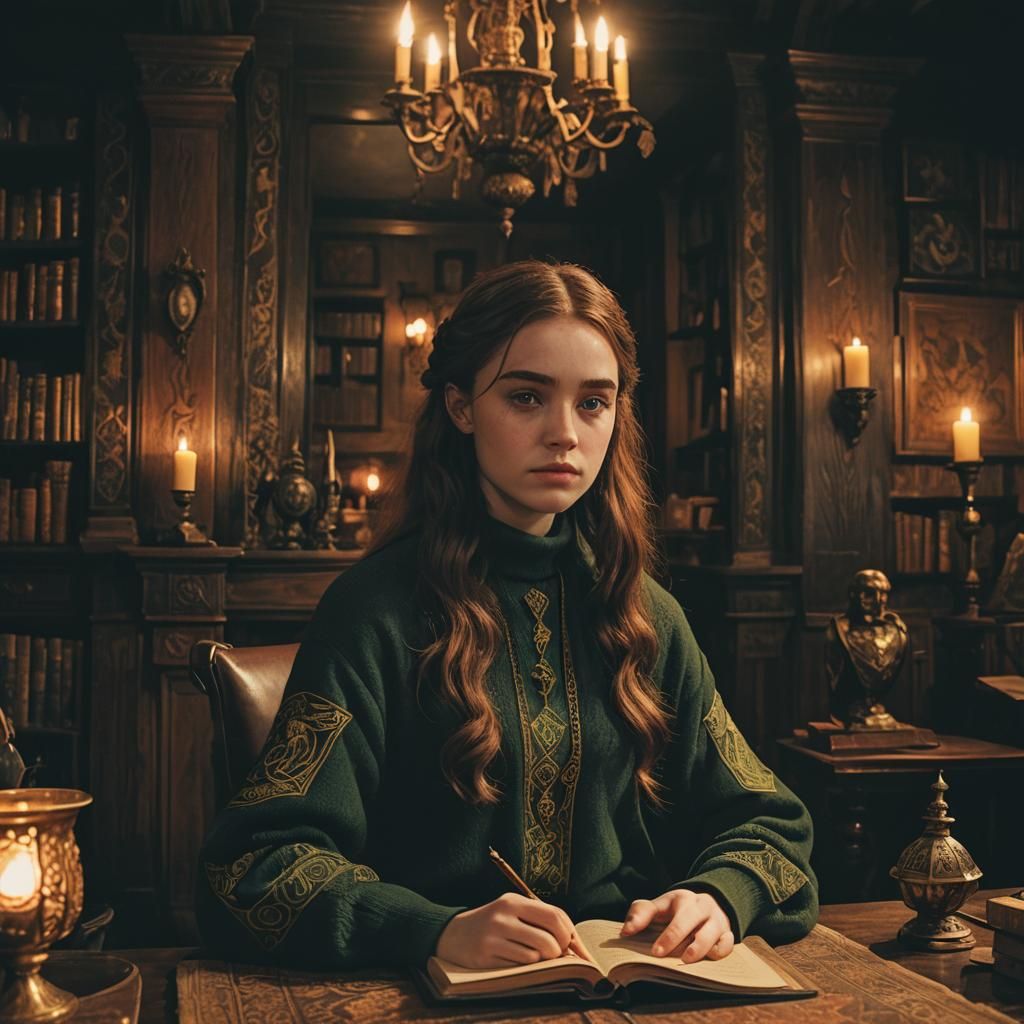 Young Witch Reading in Slytherin Common Room