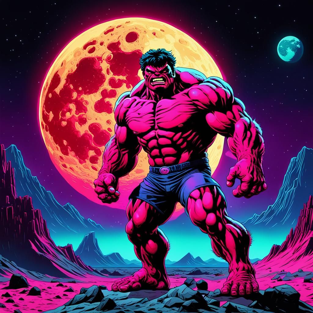 Red Hulk on Moon in Synthwave Neon Style
