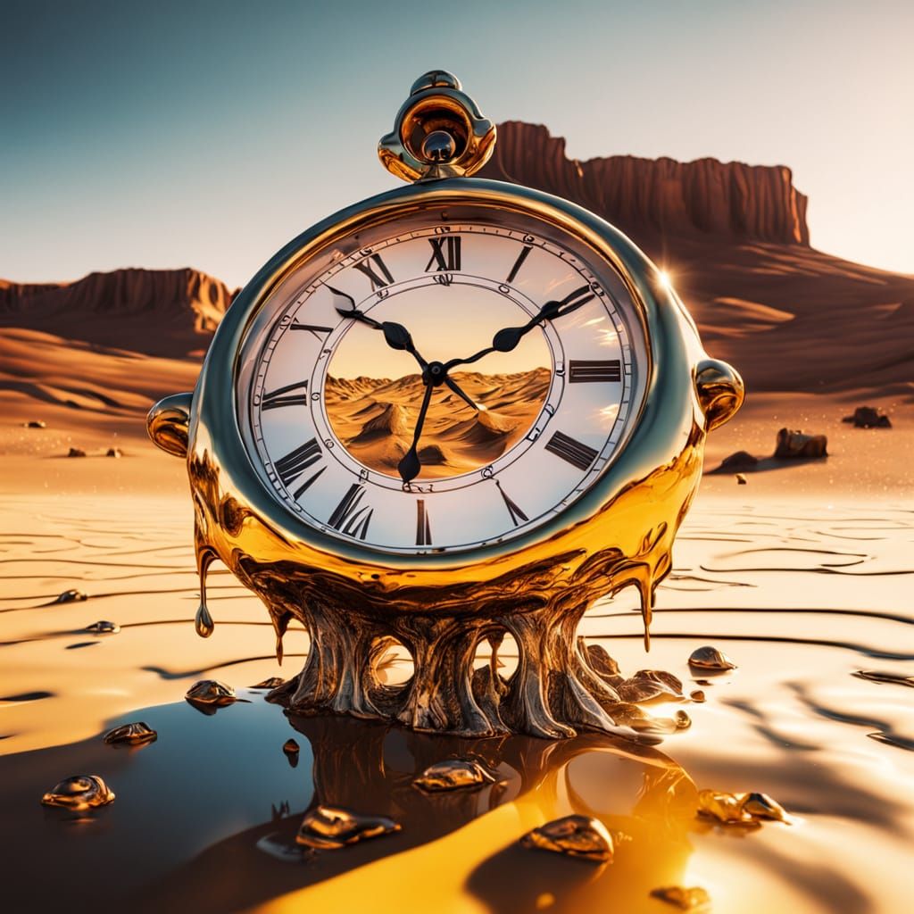 Surreal Melting Clock in Desert Landscape