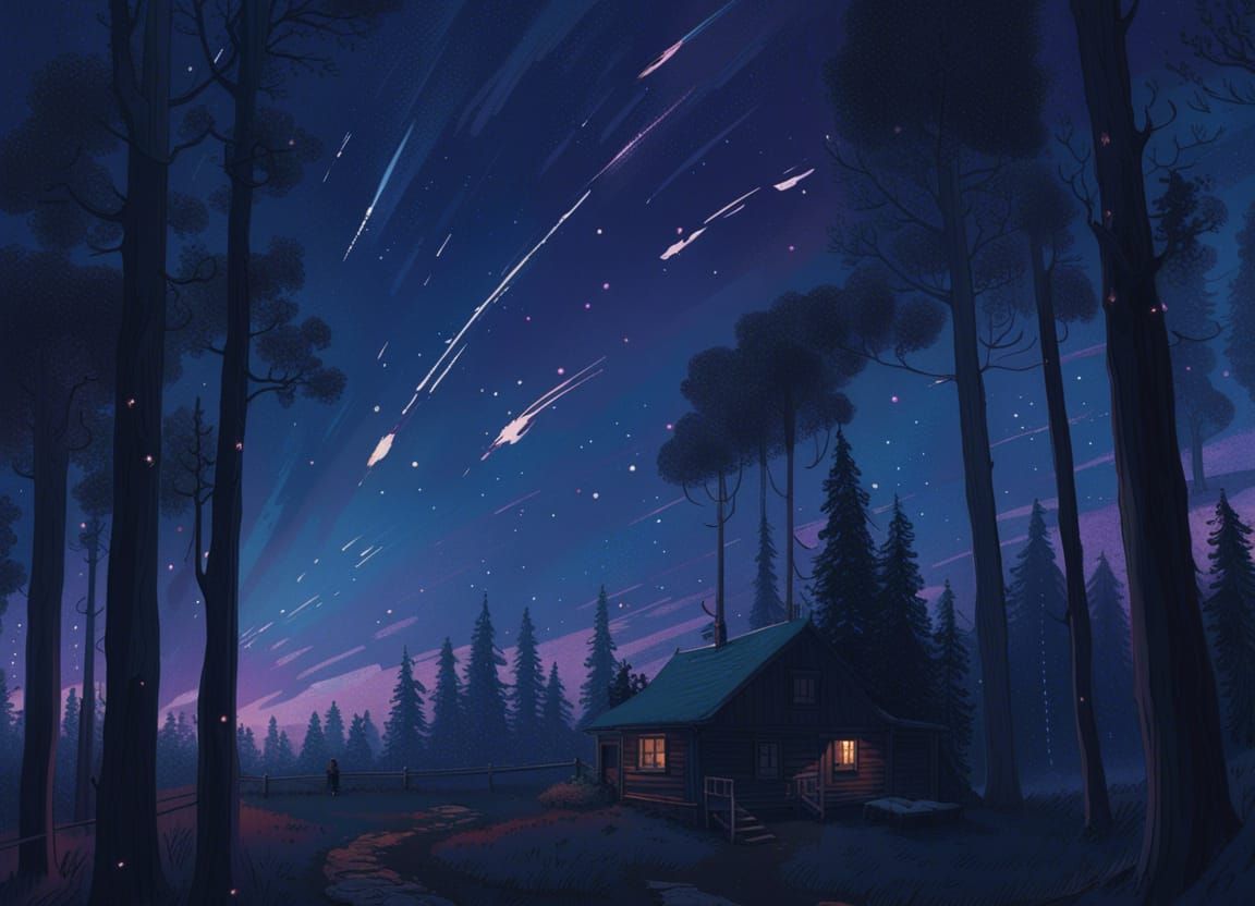 Shooting Stars in Guache Matte Painting Style