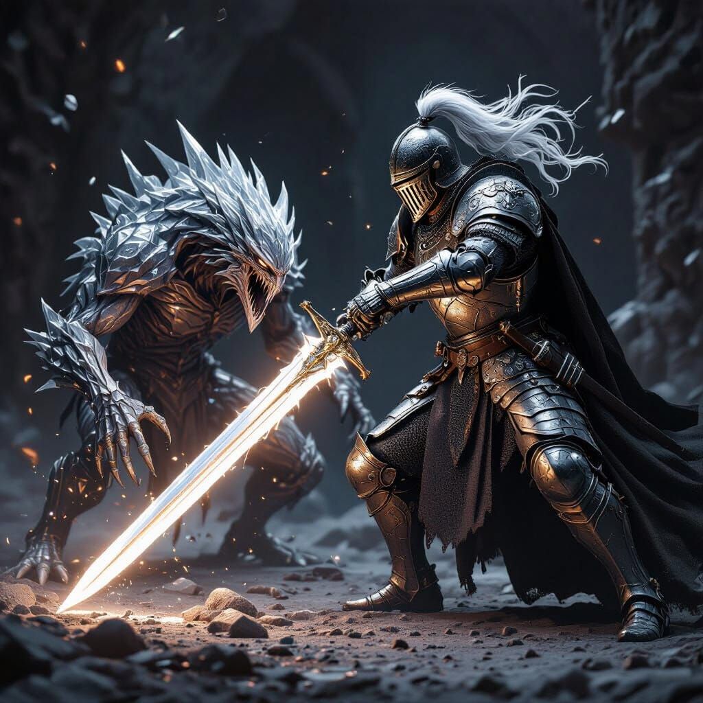 Knight Battles Crystalline Alien in Dramatic Matte Painting