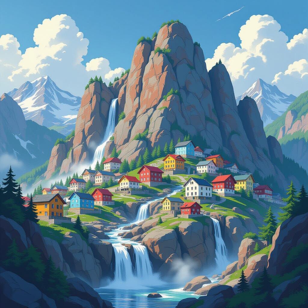 Colorful Mountain City Waterfall Landscape