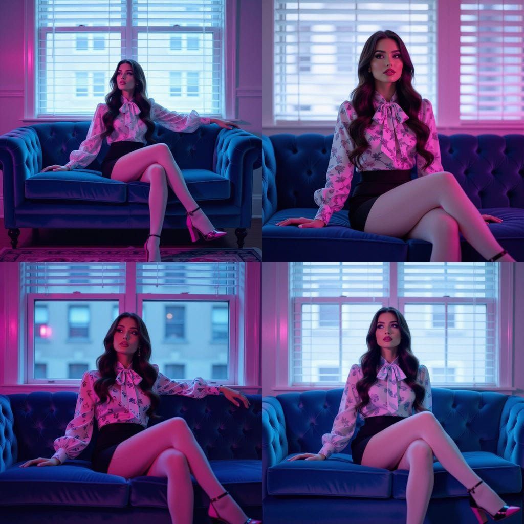 Woman Posing on Blue Sofa with Cinematic Lighting