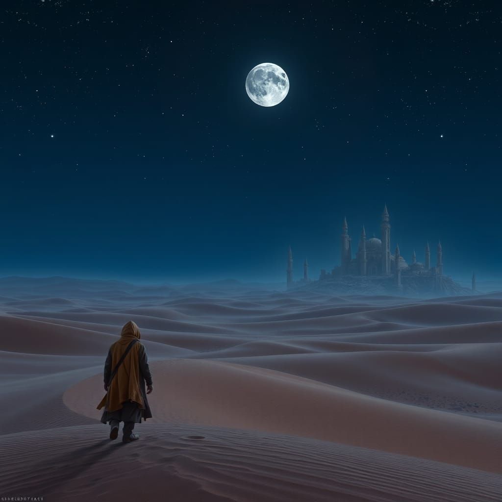 Moonlit Desert Traveler in High-Fantasy Style