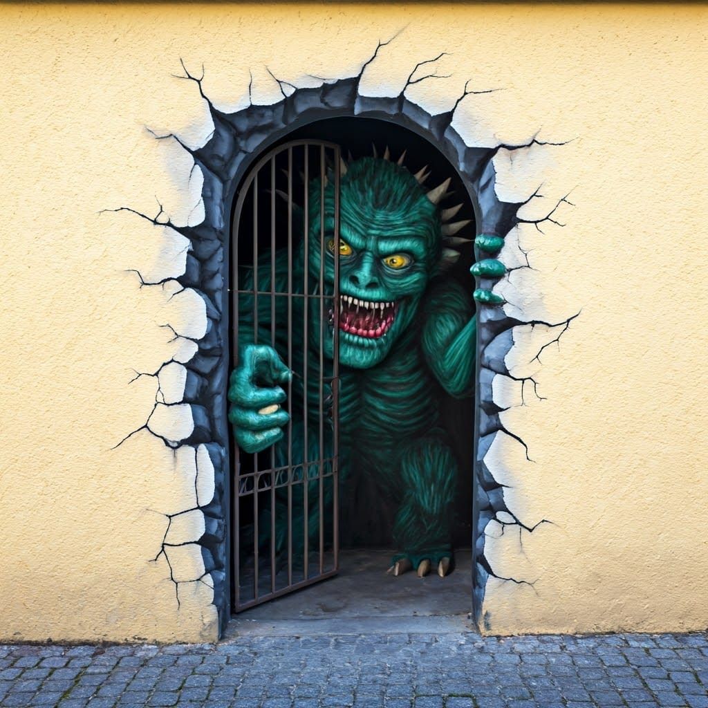 Monster Emerging from a Painted Wall Gate