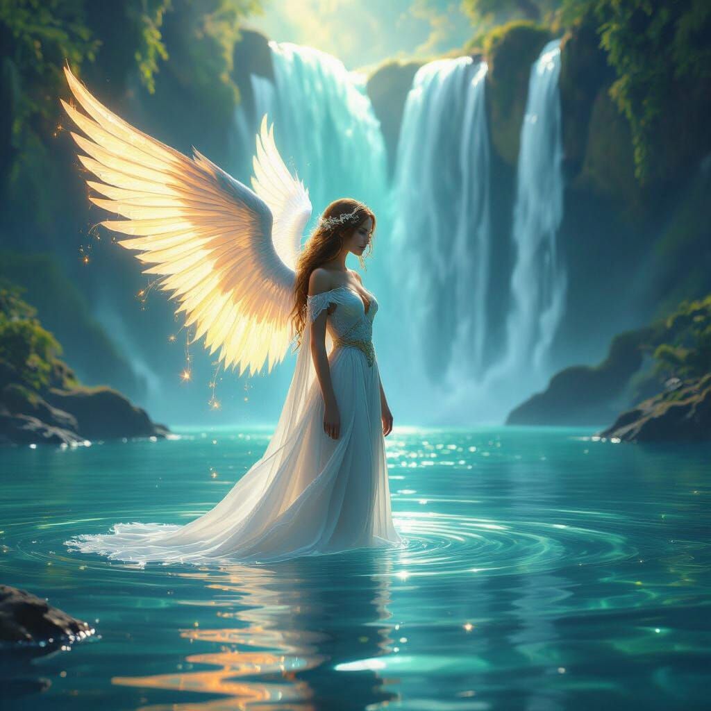 Ethereal Angel by Mystical Waterfall