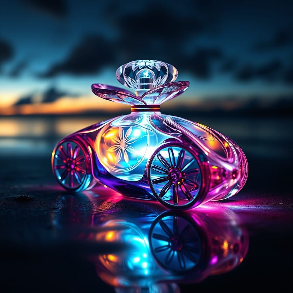 A delicate crystal perfume bottle, shaped like futuristic sp...