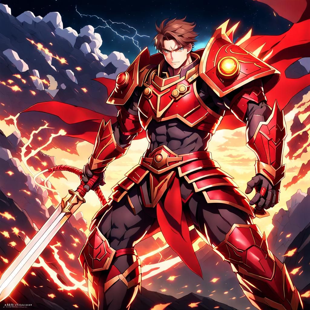 Anime Warrior in Red Armor with Lightning Sword