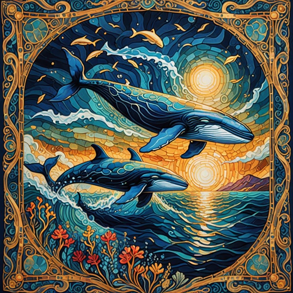 Whales and Sea Tapestry in Vibrant Oil Painting Style