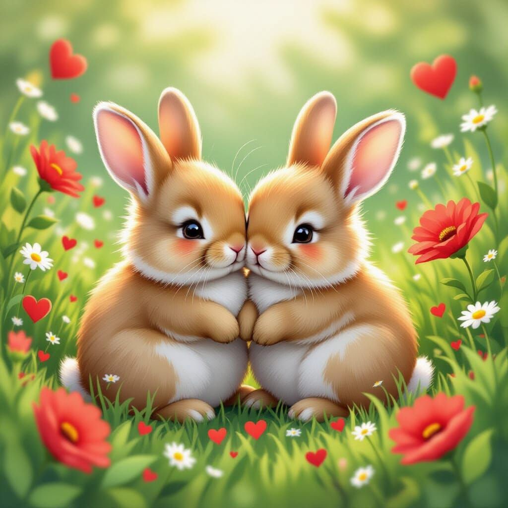 Bunnies Surrounded by Flowers and Hearts